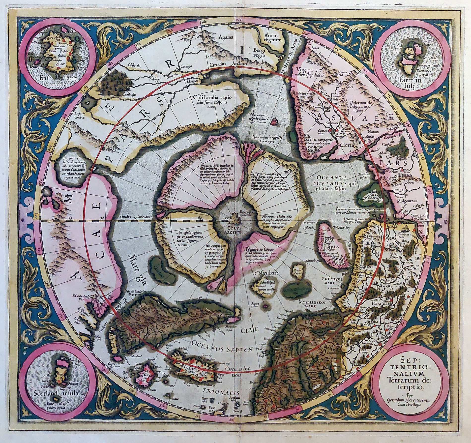 Septentrionalium Terrarum descriptio, Mercator, c. 1633 north pole map friesland map Iceland maps