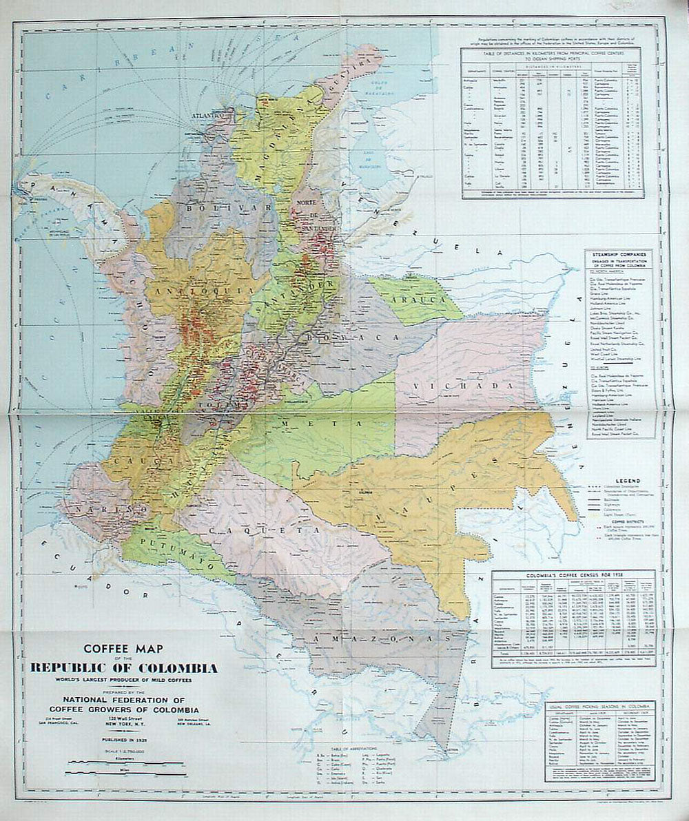 (Columbia) Coffee Map of the Republic of Colombia...