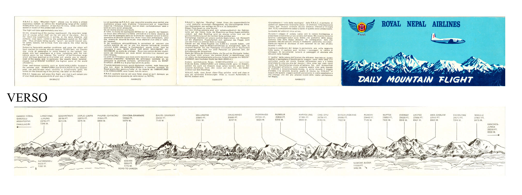 Royal Nepal Airlines showing a panoramic view of the daily mountain flight route. Himalayas.