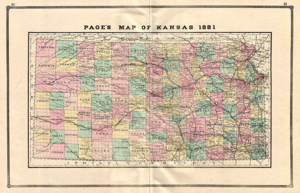 (KS.) Page's Map Of Kansas 1881, Page, 1881 It's a continued time of growth for Kansas, post-Civil War, as settlement presses westward, and a significant number of former slaves are included in the migration. This map includes the town of "Nicodemus" in Graham county, one of the all black towns established a few years prior to this map's publication. Hand colored by county and dense with detail for rail and towns, it's a great reference. 