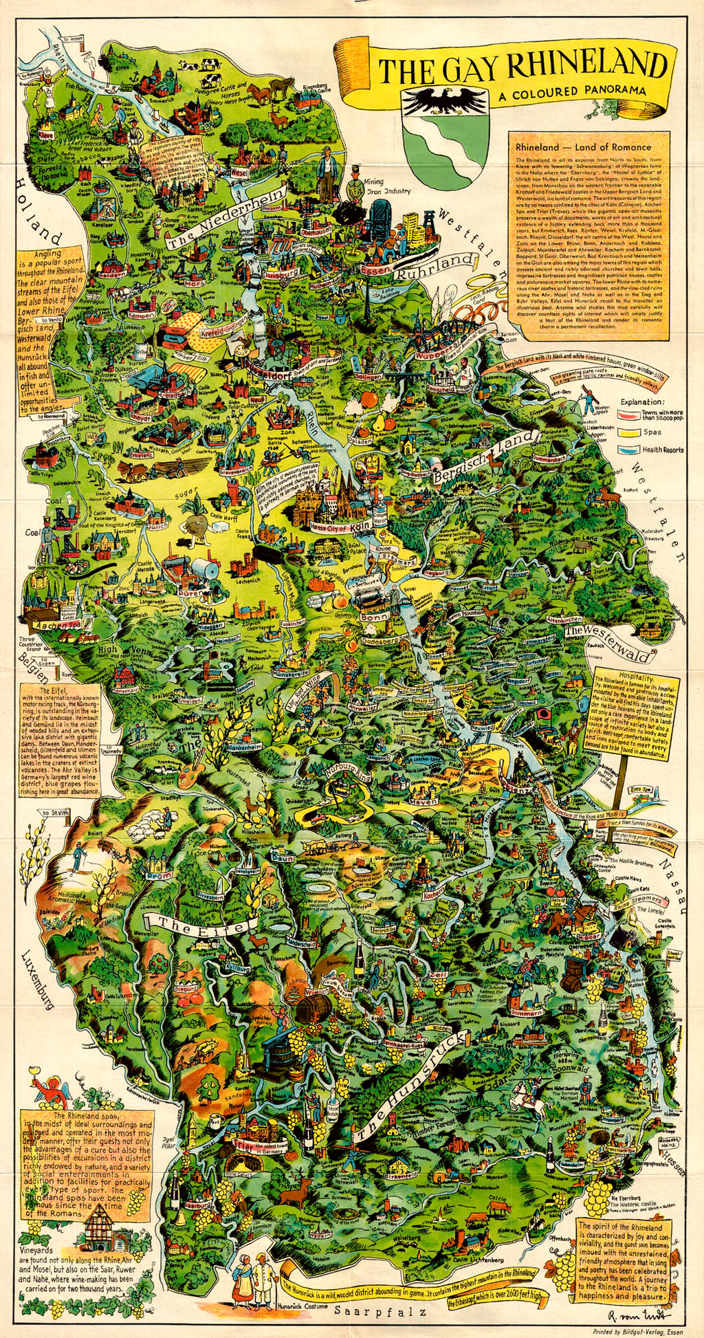 (Germany) The Gay Rhineland - A Coloured Panorama, R von Ernst, c. 1940 A German producded tourist pictorial map from Trier and Castle Lichtenberg, up to Kleve and the Niederrhein. Color swathes throughout this map identify "Towns with more than 50,000 pop." (red), "Spas" (yellow), "Health Resorts" (blue). Dozens upon dozens of vignettes and notations speak to regional history and character deutsche Karte Rhineland