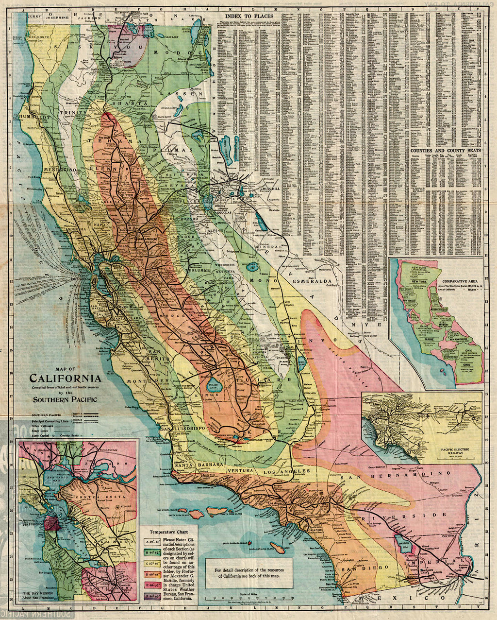 Map of temperatures of California, rare immigration maps for California