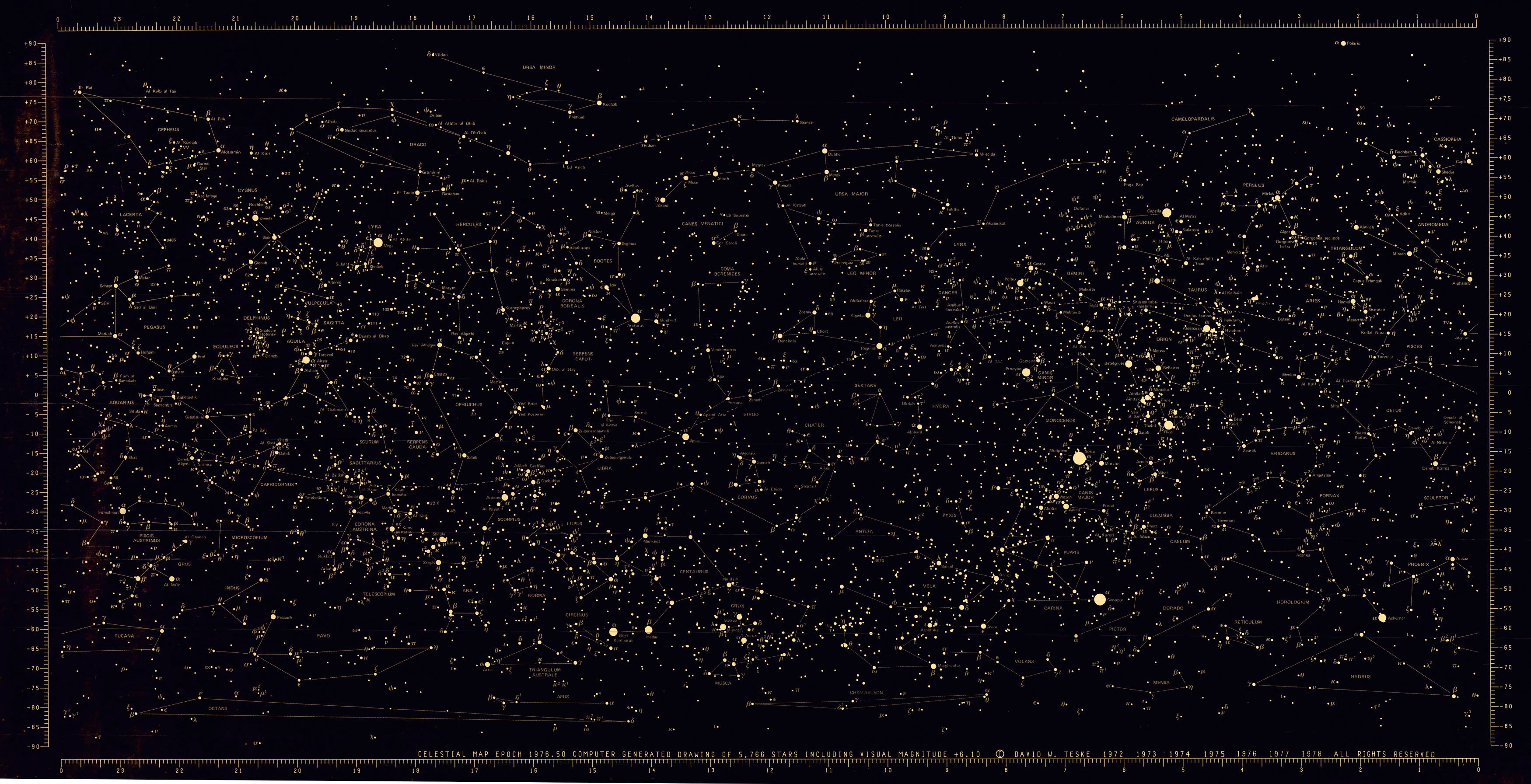 (Celestial) Celestial Map Epoch 1976.50 Computer Generated Drawings of 5,766 Stars Including Visual Magnitude +6.10