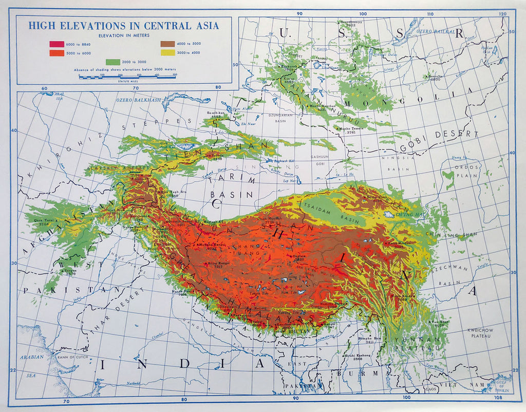 A map for the high elevations in central asia with color coding accentuating the great elevations of the Himalayas. Interesting overview map