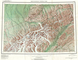 (AK-Denali) Mount McKinley National Park, Dept of Interior - Geological Survey, 1952, 23x 29.5 A masterful general treatment of the Park area, and a fine illustration as to how useful color shaded relief is in describing complex terrain. From the named glaciers and peaks, to the many drainages and lakes, we get a clear picture of the density and extremes of the area. Mt. Denali map