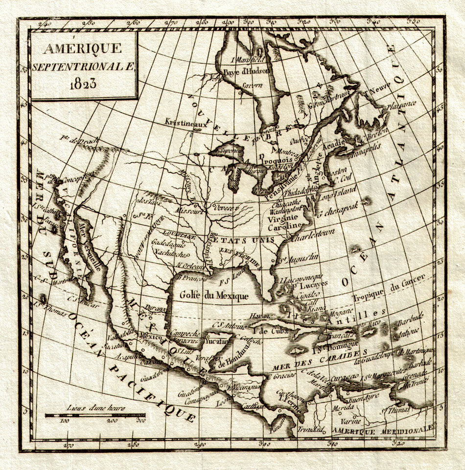(North America) Amerique Septentrionale. 1823 Vosgien, 1823 A primitive map of the continent that may be a bit stuck in the past. While Mississippi river is well formed, it's headwaters appear to be drawn from a lake in Canada. Once the map reaches past Missouri to Taos and Santa Fe, it then becomes noncommittal as to what happens in California and the West Coast. Does include many East Coast placenames. Condition is very good. Image size is approximately 6.25 x 6 (inches)