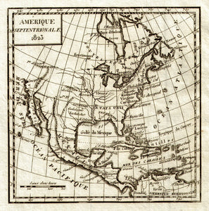 (North America) Amerique Septentrionale. 1823 Vosgien, 1823 A primitive map of the continent that may be a bit stuck in the past. While Mississippi river is well formed, it's headwaters appear to be drawn from a lake in Canada. Once the map reaches past Missouri to Taos and Santa Fe, it then becomes noncommittal as to what happens in California and the West Coast. Does include many East Coast placenames. Condition is very good. Image size is approximately 6.25 x 6 (inches)
