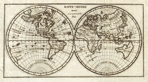 (World) Mappe-Monde divisee ene ses quares parties- 1820 Vosgien, 1823 A crisp early 19th century engraving that shows some lingering geographical myths yet to be put away. In North America we see a northwest passage over that continent, just under a misformed Alaska. In Oceania we see an Australian continent ("Nouvelle Hollande") with land bridges that not only connect it deeply to Tasmania, but also up to Papua New Guinea. Condition is very good +. Image size is approximately 6.25 x 11.5 (inches).