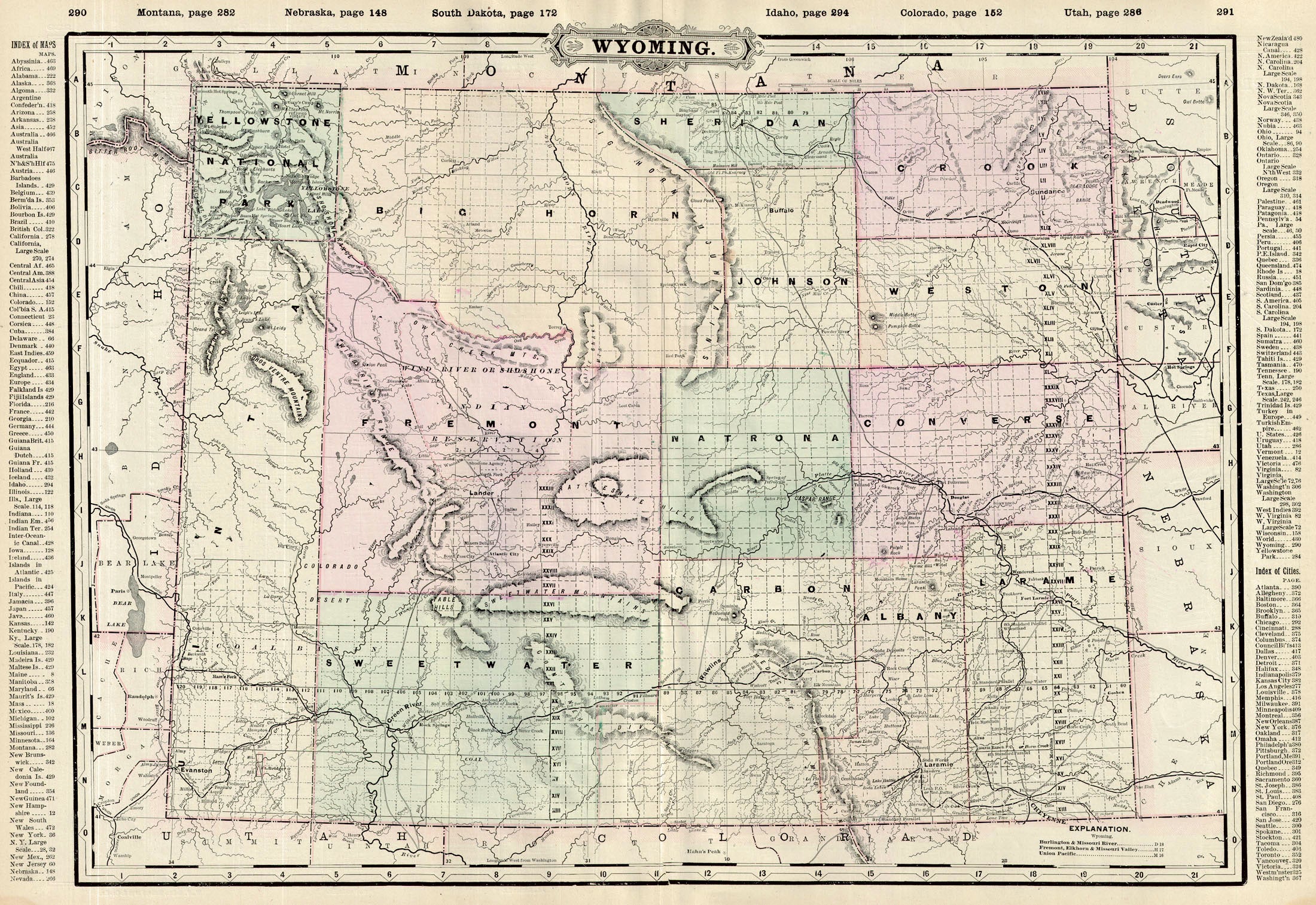 (WY.) Wyoming., Walker, 1893 Just thirteen counties divide the whole state, with few towns aside from those in the far southeastern counties. Railroads reach across the state and up into neighboring Montana. Shows the drainages, major mountain peaks. Condtition is very good. Image size is 16.5 x 24 (inches)