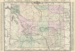 (WY.) Wyoming., Walker, 1893 Just thirteen counties divide the whole state, with few towns aside from those in the far southeastern counties. Railroads reach across the state and up into neighboring Montana. Shows the drainages, major mountain peaks. Condtition is very good. Image size is 16.5 x 24 (inches)