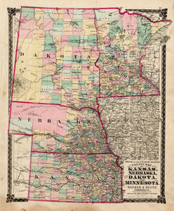(MN., DK., NE., KS.) County Map Of Kansas, Nebraska, Dakota, And Minnesota