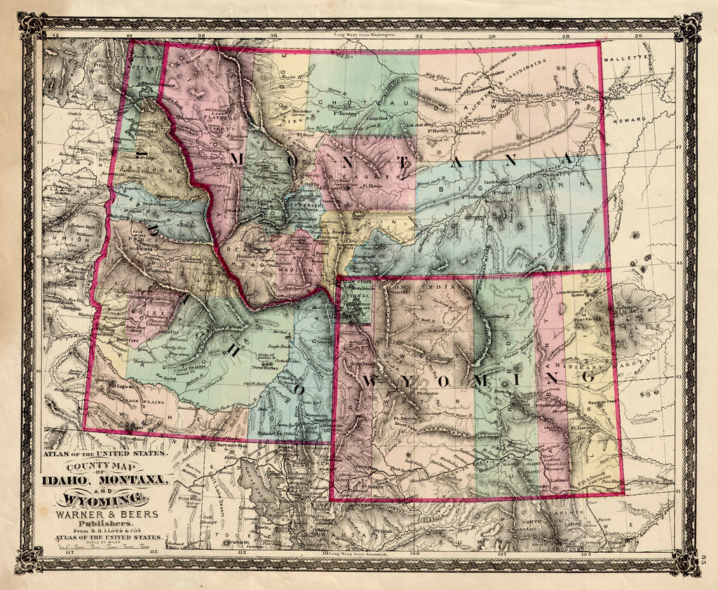 (MT., ID., WY.) County Map of Idaho, Montana and Wyoming, Warner & Beers, 1876 Here the territories of the northern Rockies at the time of the nation's centennial. Shows the growth along the Union Pacific R.R. line in Wyoming, here still a five county territory. While mining in the mountains of Montana has driven settlement. In its eastern plains vast counties are shared with Indian lands (Gros Ventre, Blackfeet & Assiniboins) . Idaho shows towns and forts as well as the major terrain and drainages. 